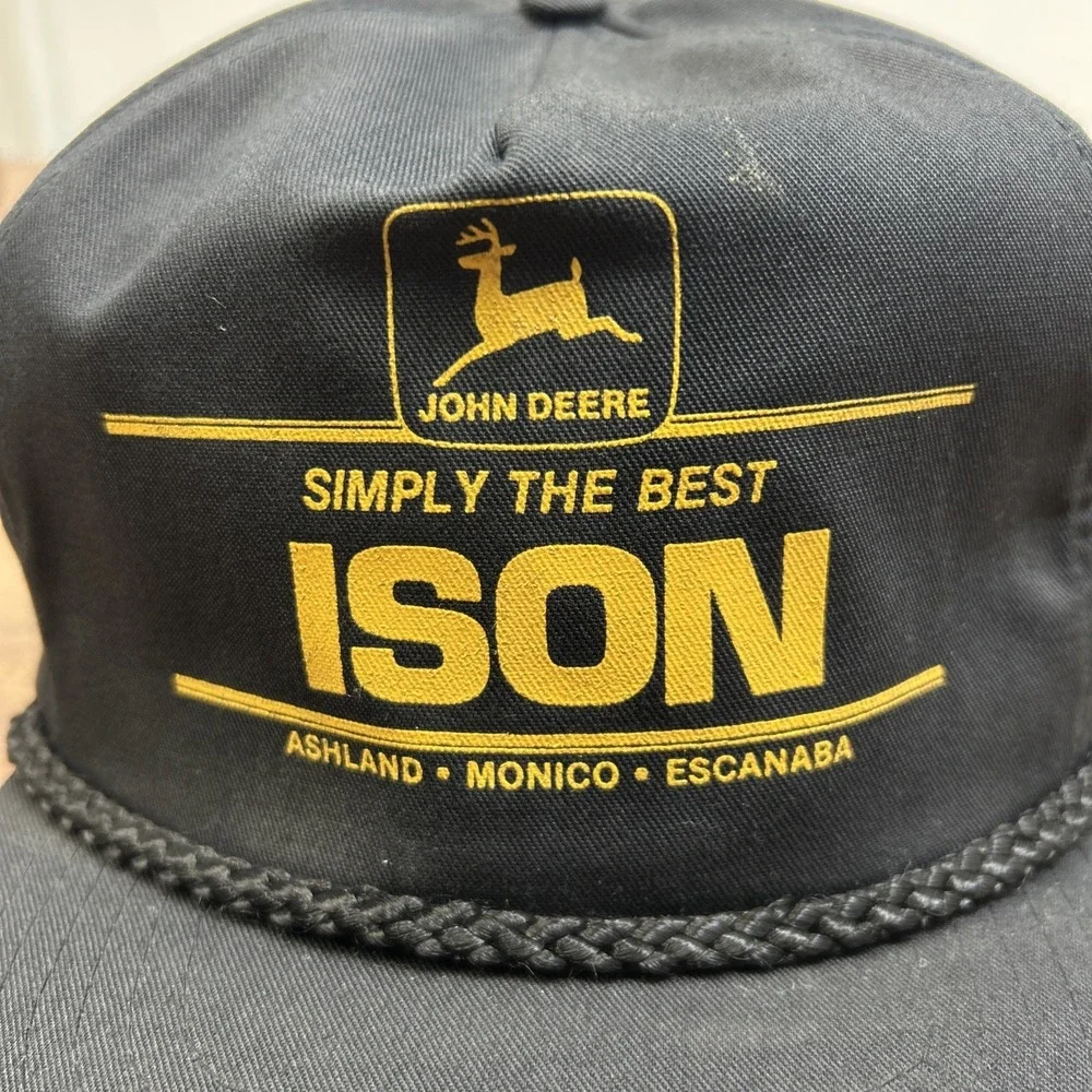 John Deere Ison‎ Equipment Simply the Best Black Yellow Trucker Hat Vtg SnapBack